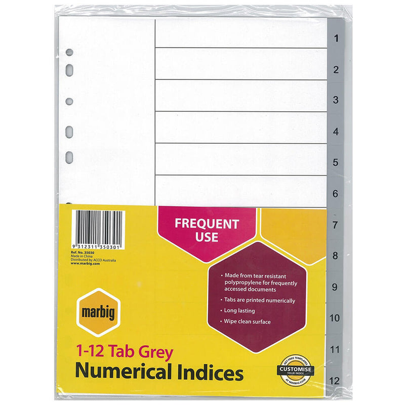 Marbig Numerische Indizes &amp; Trennblätter A4 (Grau)