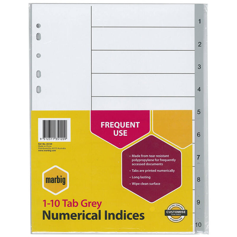 Marbig Numerical Indices & Dividers A4 (Grey)